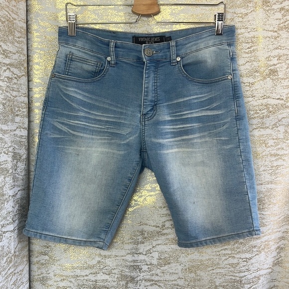 Vintage Genes Black Slim Fit Blue Medium Wash Bermuda Denim Shorts Size W30 - Picture 2 of 16